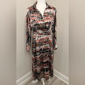 See U Soon Women's A-Line Faux Wrap Midi Dress w/Long Sleeves in Gray & Coral S